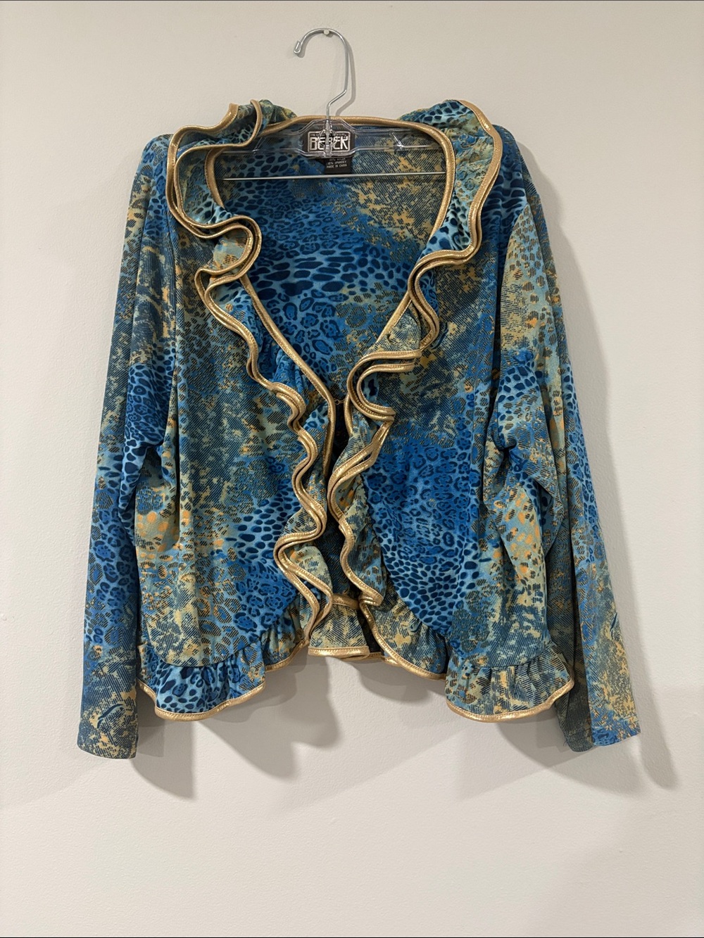 THE COLLECTIVE WORKS OF BEREK/ BLUE & GOLD RUFFLE TRIM Y2K OPEN CARDIGAN SIZE/XL